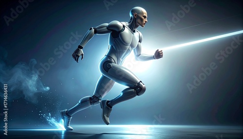 Dynamic image of an advanced humanoid robot running, illuminated by futuristic light, symbolizing artificial intelligence, technological progress, and future speed