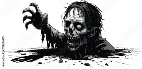 Zombie rising from grave, horror illustration, undead creature, scary Halloween art, dramatic black and white, creepy monster, graveyard scene,