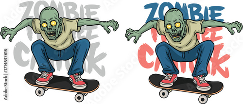 Zombie skateboarder, urban horror, creepy street style, glowing eyes, tattered clothes, Halloween character, skate crew, spooky illustration, grunge art, undead rider