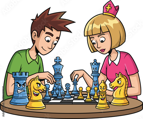 Two children playing chess on a round table focused and engaged