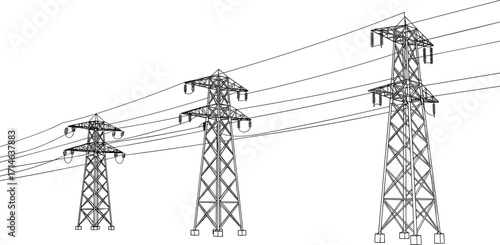 High voltage power transmission towers, electrical grid infrastructure, line drawing illustration, energy distribution system, modern electricity network