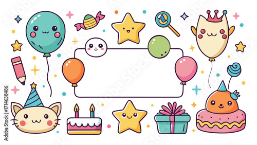 Cute Kids Birthday Place Cards Vector – Hand-Drawn Crayon Style with Balloons, Cake and Blank Space for Name