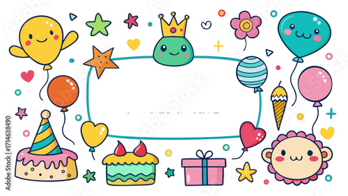 Cute Kids Birthday Place Cards Vector – Hand-Drawn Crayon Style with Balloons, Cake and Blank Space for Name