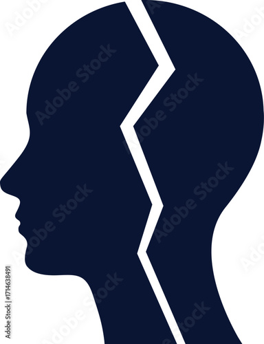 Broken head silhouette mental health illustration. Human head silhouette with crack symbolizing trauma, mental illness, stress, depression and emotional breakdown