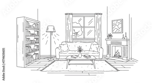 Hand-drawn sketch of cozy living room with sofa, carpet, bookshelf, lamp, and framed wall art showing warm residential interior design concept.