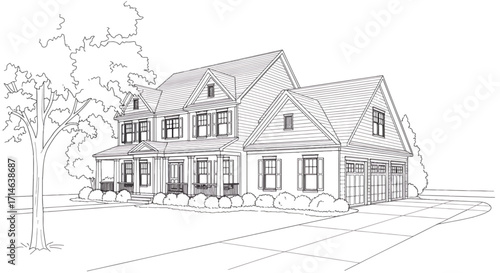 Hand-drawn suburban family home with pitched roof, front porch, garage, and driveway representing modern residential architectural design.