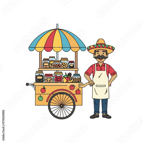 Happy Vendor Selling Sweets And Fruits From Colorful Cart