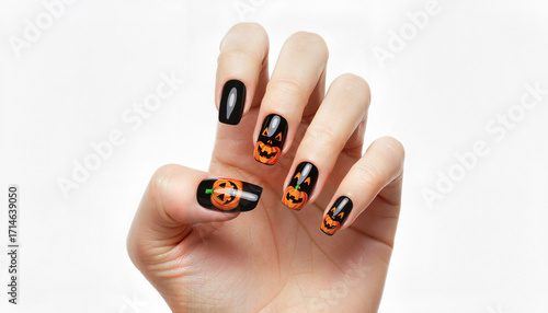 Woman's hand with Halloween-themed nail art featuring pumpkins and ghosts  