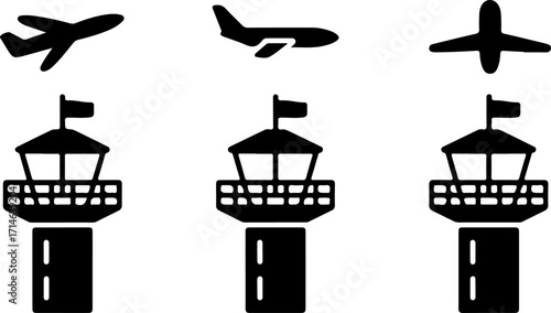 Airport Tower Icons with Airplane Silhouettes Air Traffic Control and Aviation Concepts