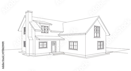 Architectural sketch of suburban detached family house with pitched roof, windows, and chimney representing classic residential housing design.