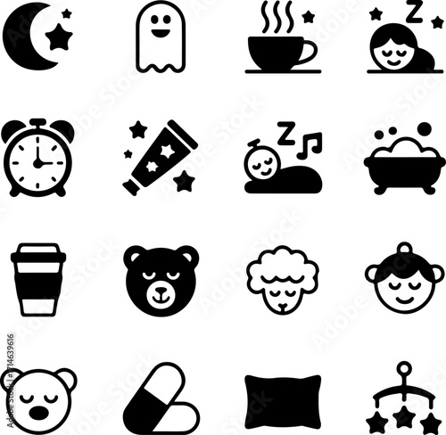 Monochrome glyph icon collection illustrating sleep concepts, showcasing simple symbols for nighttime, rest, baby care, and bedtime rituals
