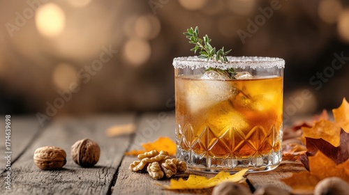 Autumn cocktail with ice and thyme garnish on wooden table surrounded by leaves and walnuts