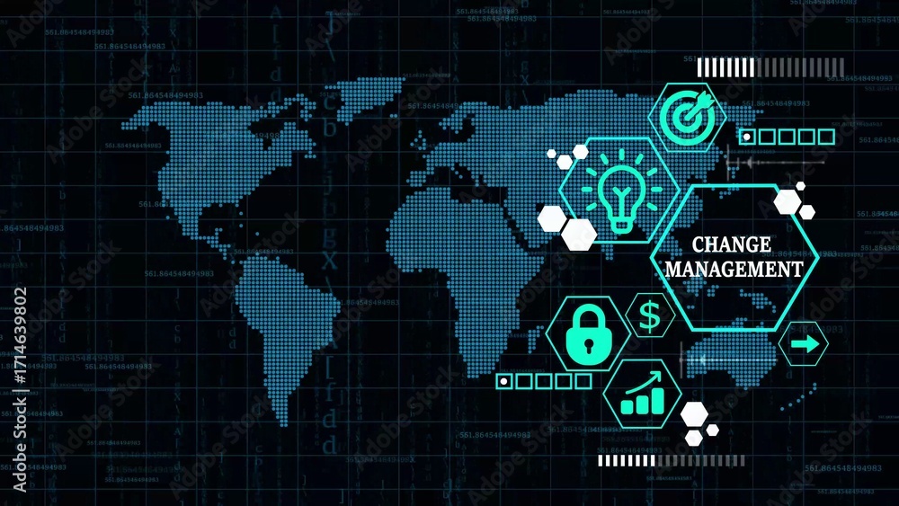 Fototapeta premium Global Change Management Strategy Digital World Map with Icons and Data Visualization global strategy