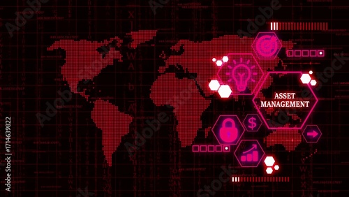Global Asset Management Concept With Digital World Map And Futuristic Icons In Red Tones image photo