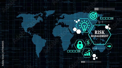 Global Risk Management Digital Interface with World Map and Icons in Blue image photo