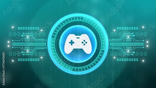 Glowing video game controller icon with circuit board and digital data on teal background joystick gaming