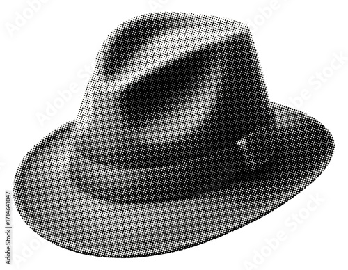 classic fedora hat isolated collage element retro grunge halftone dotted texture wide brim creased crown vintage fashion noir style detective motifs mixed media design