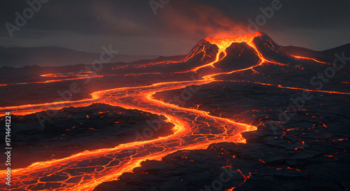 A dramatic night view of an erupting volcano with glowing rivers of lava flowing across a dark, rocky landscape.