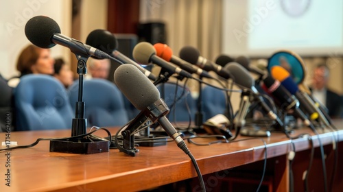 Table with modern microphones for press conference
