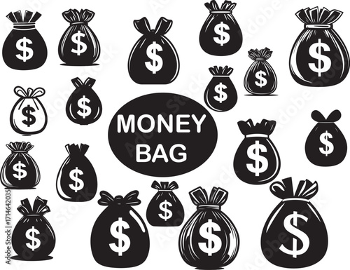 Money Bag with Dollar Sign Vector Illustration: Bold Black and White Cash Sack Icon for Finance Branding, Investment Growth Symbols, Banking Graphics, Wealth Management Concepts, Business Success Icon
