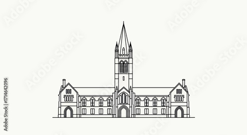 Minimalist sketch of historic cathedral-style building with tall central tower and gothic architectural elements in detailed line art perspective.