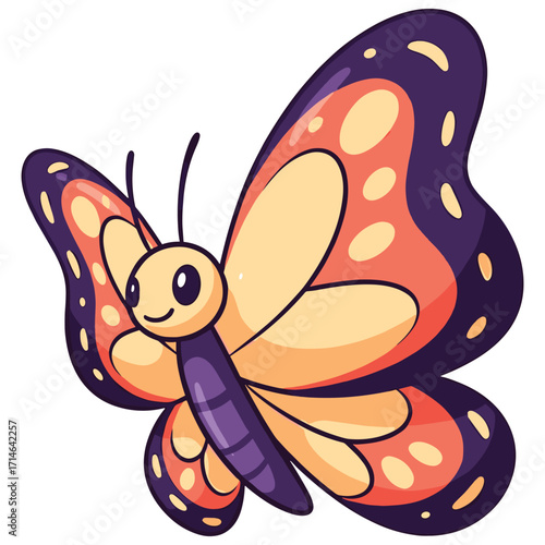 Cute Cartoon Butterfly Vector Illustration with Symmetrical Wings in Bright Orange and Purple Colors in Modern Style