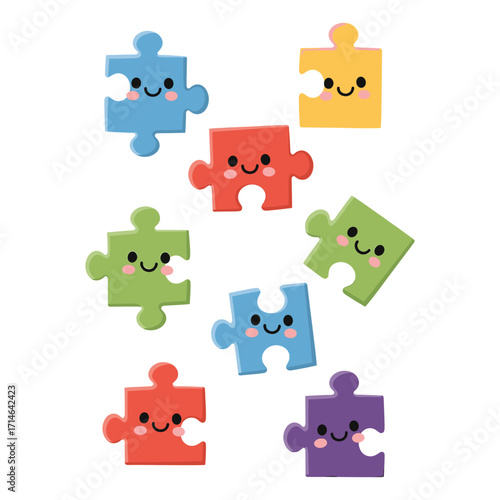 Vector Cartoon Puzzle Piece Pattern with Cute Smiling Faces in Bright Colors in Modern Playful Style