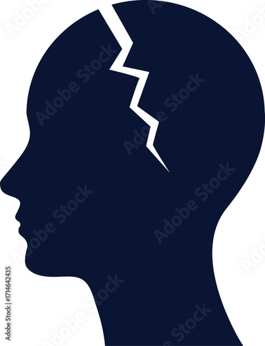 Broken head silhouette mental health concept. Human head with crack symbolizing trauma, depression, mental illness, burnout, and emotional problems