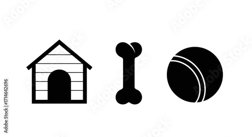 Dog House, Bone, and Ball Icon Set