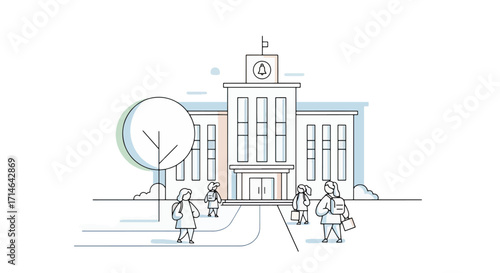Minimalist line art of small academic institution building with clock, students, and trees representing modern education and campus life design.