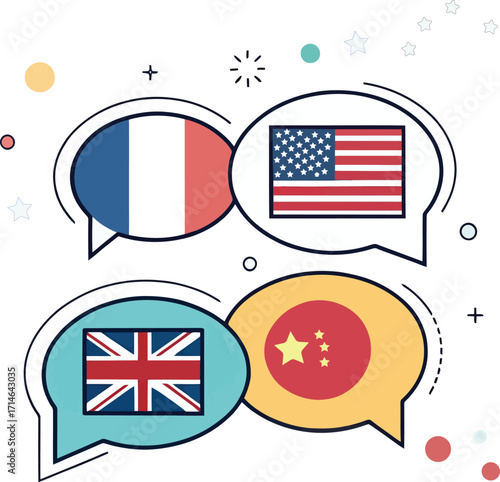 International Language Exchange and Global Dialogue Concept with Flags of Different Nations in Speech Bubbles for Worldwide Communication