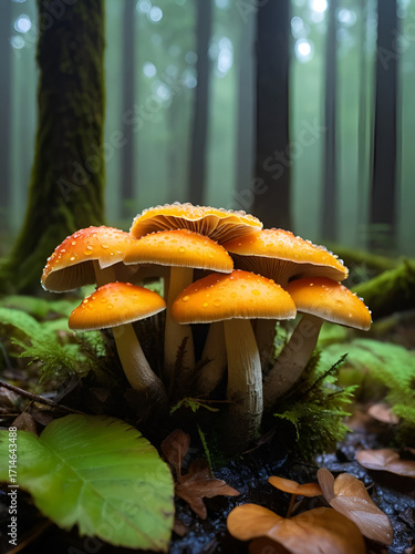 Colorful mushroom cluster glows, rain falls on forest floor in enchanting scene