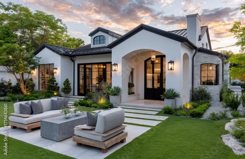 Fototapeta Naklejka Na Ścianę i Meble -  the front yard with green grass, a small concrete bar and seating area on one side, a home in an upscale neighborhood in los angeles