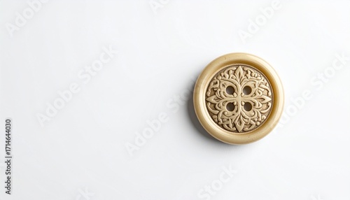 A single ornate vintage-style gold button with an intricate pattern, isolated on a clean white background with ample copy space