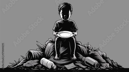 Heartbreaking illustration of a child facing poverty, holding an empty plate amidst trash