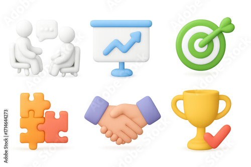 3d business icons set highlighting collaboration, growth, and success