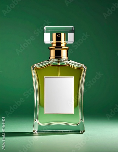 Luxury glass perfume bottle with a blank white label for product mockup on a solid green background