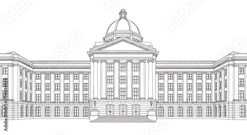 Architectural line art of grand neoclassical institutional building with dome, columns, and wide facade representing historic civic architecture.