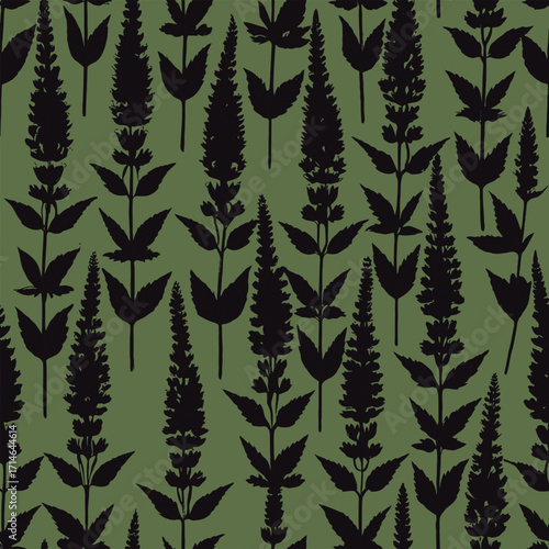 Monochromatic seamless pattern of silver lupine flowers and leaves.