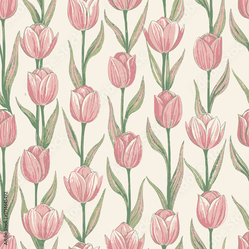 Wallpaper Mural Vintage style seamless pattern of pink tulips and green leaves. Torontodigital.ca