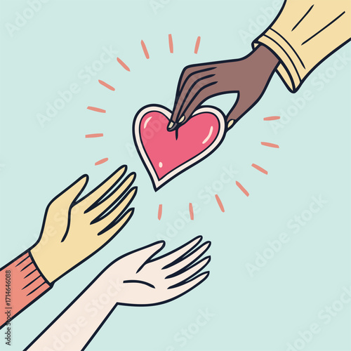 Diverse hands connecting through an act of giving and kindness, sharing a heart as a symbol of charity, support, and community unity