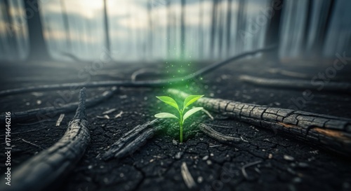 Hope Blooms Amidst Desolation A Young Sprout Emerges From Charred Earth Symbolizing Resilience And Renewal After Devastation