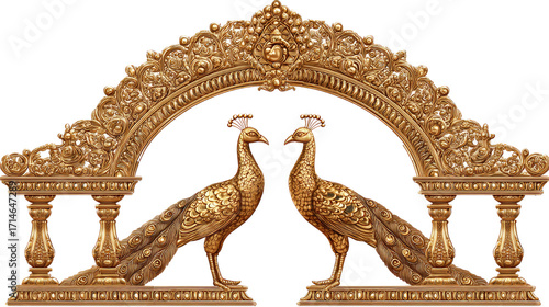 Golden ornamental peacock arch decorative sculpture isolated on white background
