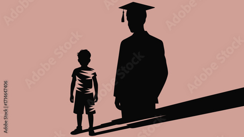 Child dreams big future, shadow of graduate symbolizes achievement and aspiration