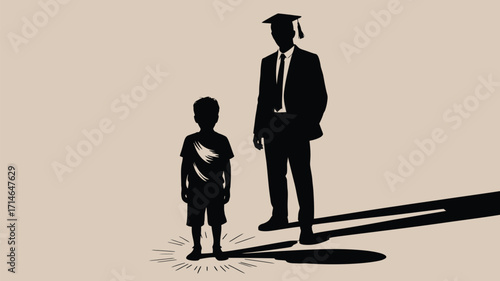 Child dreams of graduation cap while adult strides toward bright future
