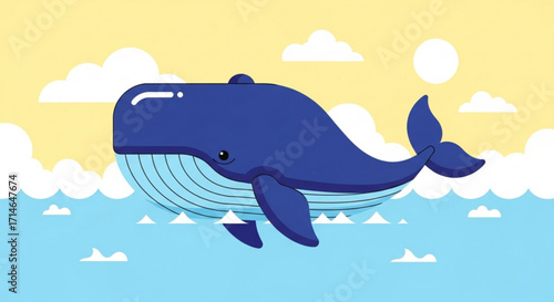 Cartoon blue whale swimming in the ocean illustration vector art design for children and education resources