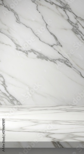 An empty white marble stone table with a matching veined wall, creating a clean and elegant product display background.