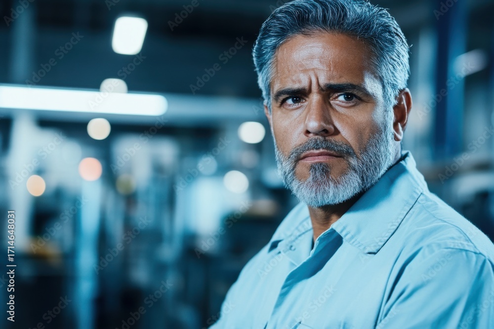 Fototapeta premium Middle-aged Hispanic male quality inspector observing production process in a workshop setting
