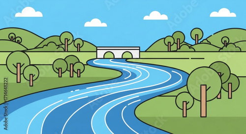 Scenic river landscape illustration with bridge trees and hills vector background nature scene for design