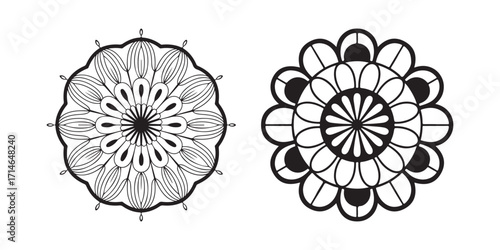 Two symmetrical, detailed black and white ornamental designs resembling mandalas or floral patterns are displayed side by side on a white background.